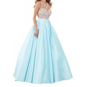 NEW TIFFANY EXCLUSIVES women's illusion neckline with pearls prom dress in sky